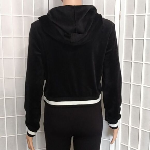 Bebe Black Velour Hooded Jacket W/ Rhinestone Logo - Picture 7 of 16